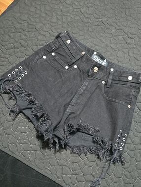 RARE SMFK Black Frayed Lace-Up Denim Shorts for Women